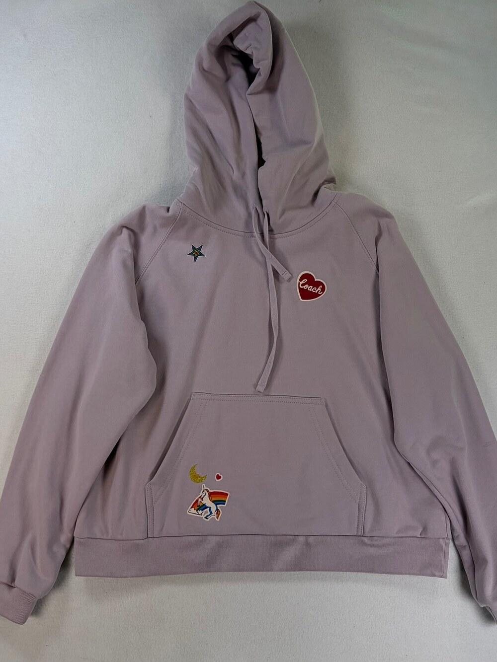 Coach Shrunken Raglan Stickers Hoodie Sweatshirt Purple Women's Size XL NWT